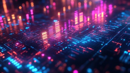 Obraz premium Abstract glowing circuit board with pink and blue lights resembling a futuristic city.