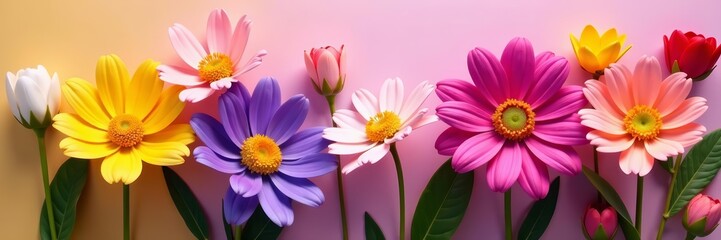 Fototapeta premium Close-up shot of assorted flowers on purple-yellow backdrop, flora, garden, arrangement