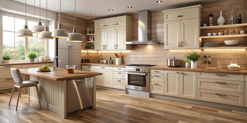 Warm beiges and creamy whites dominate this kitchen scene, accentuated by sleek metallic tones of modern appliances against the rustic wood grain of countertops, cooking space, rustic wood