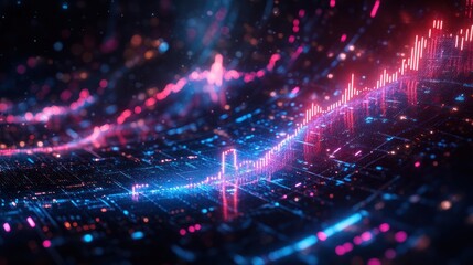 Fototapeta premium Abstract digital art with blue and red glowing lines and dots on black.