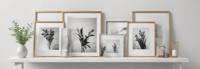 Stylish photo frame display mockup  Various sizes & styles on white background ,  pictures, photo frames