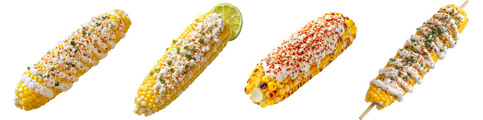 Set of elote with Mexican street corn, featuring grilled corn on the cob brushed with mayonnaise, sprinkled with cotija cheese, chili powder, and lime juice isolated on transparent background