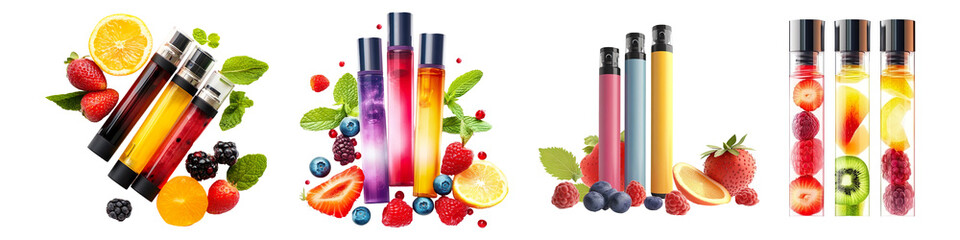 Set of disposable vape with different fruits, berries flavors isolated on transparent background