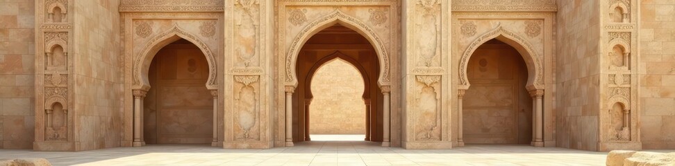 Ancient Arab archway, Eastern beige stone, intricate carvings , symmetry, background, curve