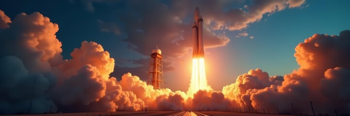 Close-up view of a powerful rocket ready for liftoff, sky, countdown, spacecraft