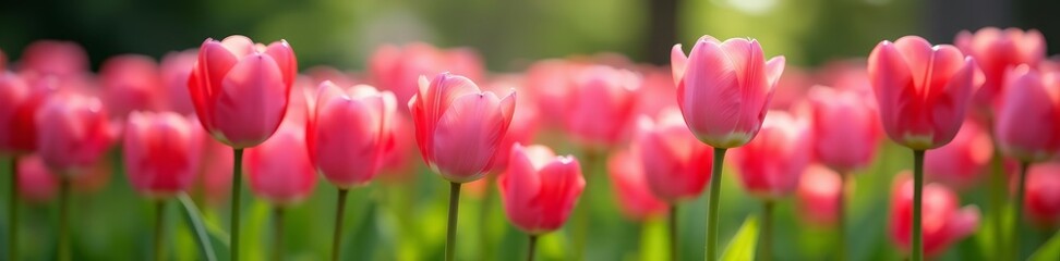 Fototapeta premium Close-up view of delicate pink tulips in a lush garden, petals, pastel, plants