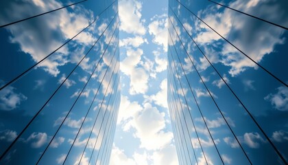 Clouds mirrored in sleek glass skyscraper facade, clean, reflection