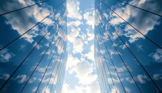 Clouds mirrored in sleek glass skyscraper facade, clean, reflection