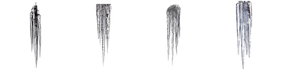 Set of icicles suspended isolated on transparent background