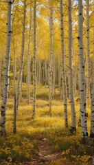 Fototapeta premium Colorado aspen grove, golden leaves, sunlight dappling forest floor, beauty, grove