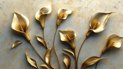 Golden Calla Lilies with Stucco Stems and Leaves An elegant 3D floral background. Elegant 3D Floral Background Featuring Golden Calla Lilies with Stucco Stems and Leaves.

