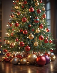 Ornate Christmas tree, vibrant baubles, soft bokeh lights , tree, decoration, baubles