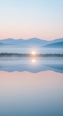 Fototapeta premium serene sunrise landscape with mountain reflection on calm water