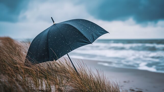 Stormy beach scene with umbrella