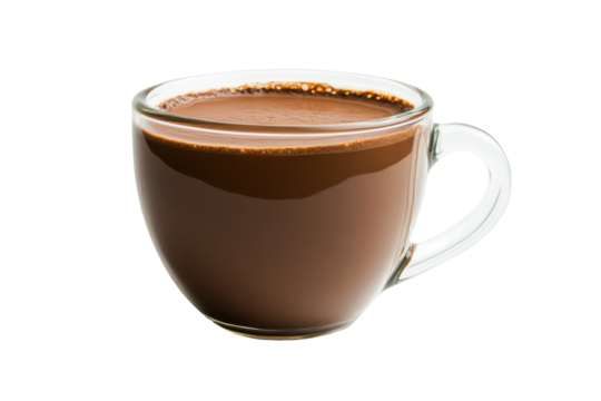 Steaming chocolate in clear mug. Rich, dark, and aromatic, it is ready for consumption
