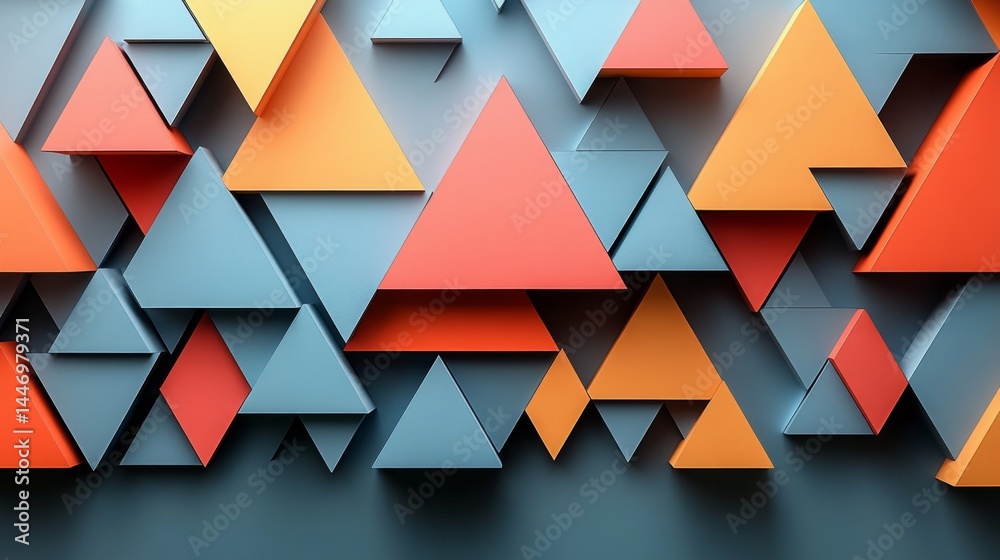 Poster abstract triangular geometrical pattern with vibrant orange, red, and teal palette creating a modern