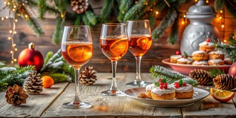Naklejka premium Festive Holiday Table Set with Winter Desserts and Aperol Spritz Drinks, Seasonal glassware, Cozy winter scene
