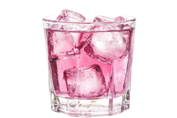 A refreshing pink beverage with ice cubes, in a short clear glass against a dark background