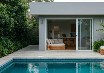 modern house with turquoise pool and minimalist interior visible through sliding glass doors