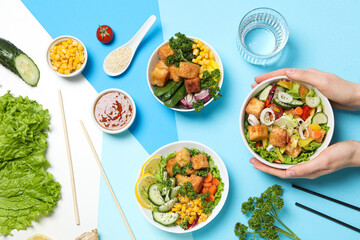 Fried tofu salad with fresh vegetables and sauce