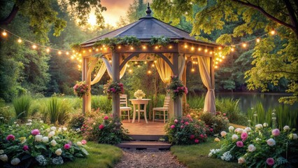 Obraz premium Tranquil scene under a gazebo with lush greenery and flowers surrounded by soft string lights, whimsical setting , rustic charm