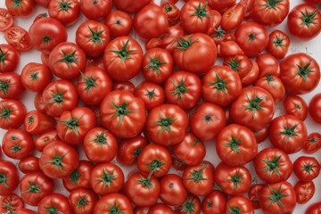 A vibrant pile of red tomatoes against a plain white backdrop , red, nutrition, still life