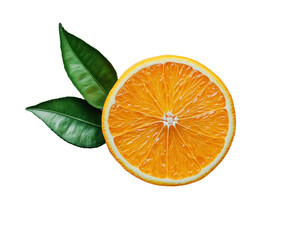 Freshly cut orange slice with green leaves on isolated on transparent background
