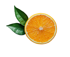 Freshly cut orange slice with green leaves on isolated on transparent background