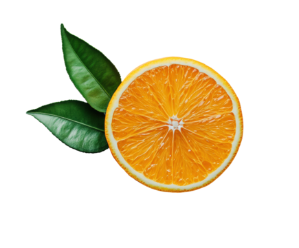 Freshly cut orange slice with green leaves on isolated on transparent background
