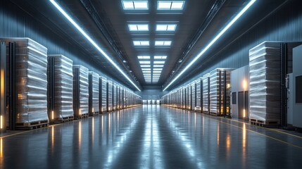 Long warehouse aisle with stacked goods and bright overhead lighting.