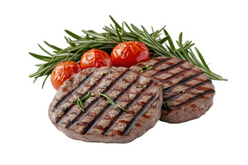 Two grilled steaks with herbs and tomatoes, isolated on a black background, cooked and delicious