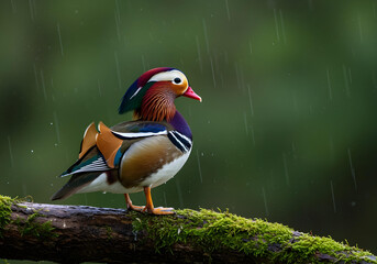 Colorful Mandarin Duck Perched on Mossy Branch in Rain