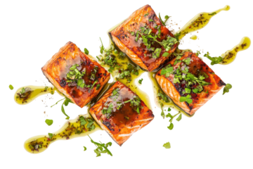 Four salmon fillets glazed, garnished with herbs and drizzled with vibrant green sauce