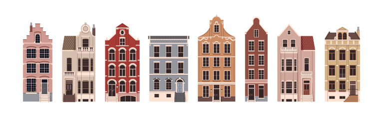 English houses set. Historic urban architecture, UK Britain apartment buildings. London city facades with windows, traditional roofs, porches. Flat vector illustration isolated on white background