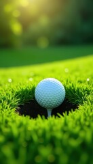 Obraz premium Golf ball nestled on lush green, near hole, sunlit , fairway, hole, victory