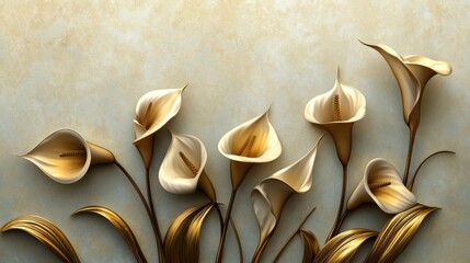 Golden Calla Lilies with Stucco Stems and Leaves An elegant 3D floral background. Elegant 3D Floral Background Featuring Golden Calla Lilies with Stucco Stems and Leaves.
