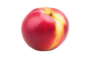 Bright red peach with yellow highlights, presented against a simple, multi-toned backdrop.