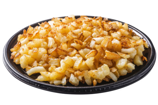 Crispy, golden fried diced potatoes filling a plate, served hot, on black background