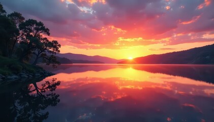 Obraz premium Serene sunset mirrored perfectly in still lake water , photography, stunning