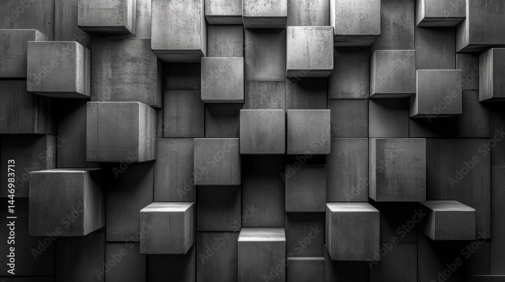 Poster concrete cubes: an abstract composition of architectural forms and shadows in grayscale for creative