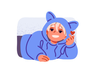 Happy child in cute hoody shows Korean sign of love, romantic feelings with thumb. Cheerful kid smiles, hand gesturing fingers a red heart. Flat isolated vector illustration on white background