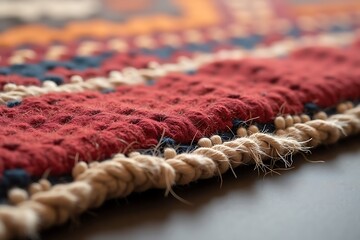 Close-up of a handwoven tribal rug corner with frayed edges