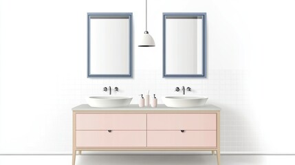 Modern double vanity bathroom with pink cabinets and mirrors.