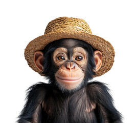 Playful monkey wearing straw hat portrait isolated on transparent background © Karina