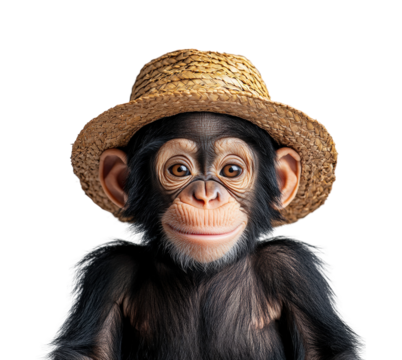 Playful monkey wearing straw hat portrait isolated on transparent background