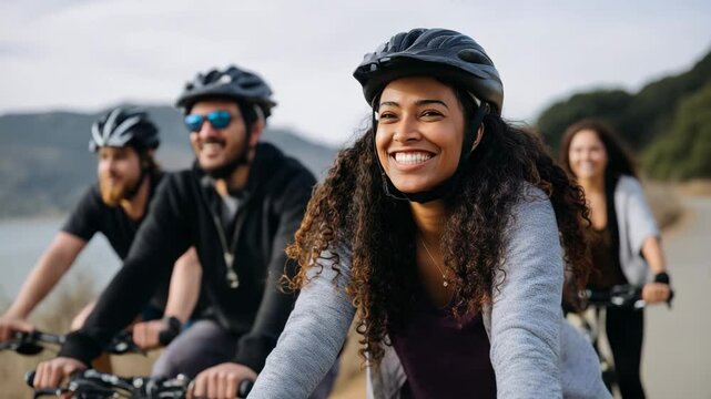 A cheerful woman rides her bicycle along a scenic path, embodying freedom and joy, while embracing the beauty of the outdoors and a sense of adventure.