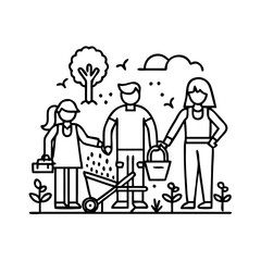 family working in garden icon, family working in garden line art - simple line art of family working in garden, perfect for family working in garden logos and icons