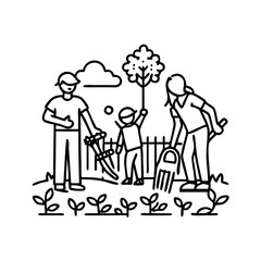 family working in garden icon, family working in garden line art - simple line art of family working in garden, perfect for family working in garden logos and icons