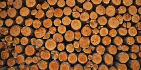 A towering stack of neatly arranged logs, sunlight dappling the wood , nature, autumn