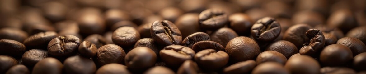 Close-up of roasted coffee beans, rich brown tones, varied textures , background, latte, food